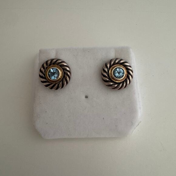 David Yurman Blue Topaz Cookie Stud Earrings 925 Sterling Silver Gold - Picture 5 of 5